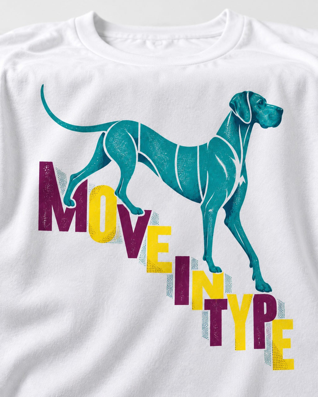 Great Dane Move in Type T-Shirt in White, close-up of the graphic
