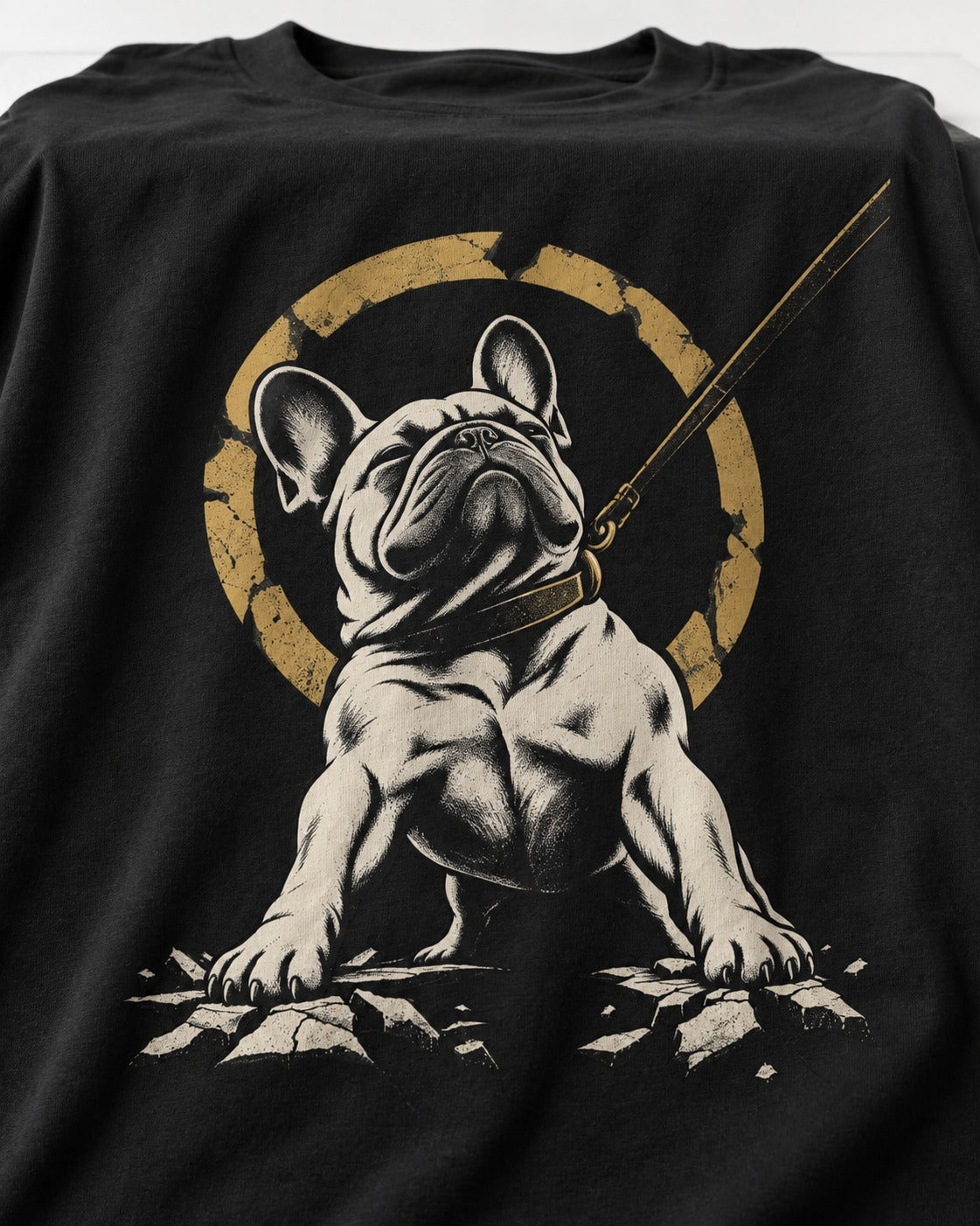 Frenchie Stubborn Leash Monument Graphic T-Shirt in Black, close-up of the graphic
