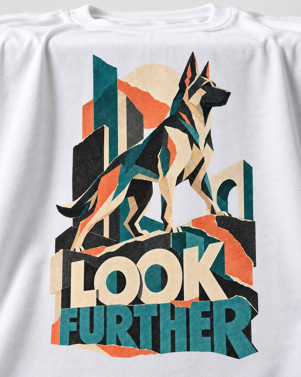 Look Further German Shepherd Dog T-Shirt in White, close-up of the graphic