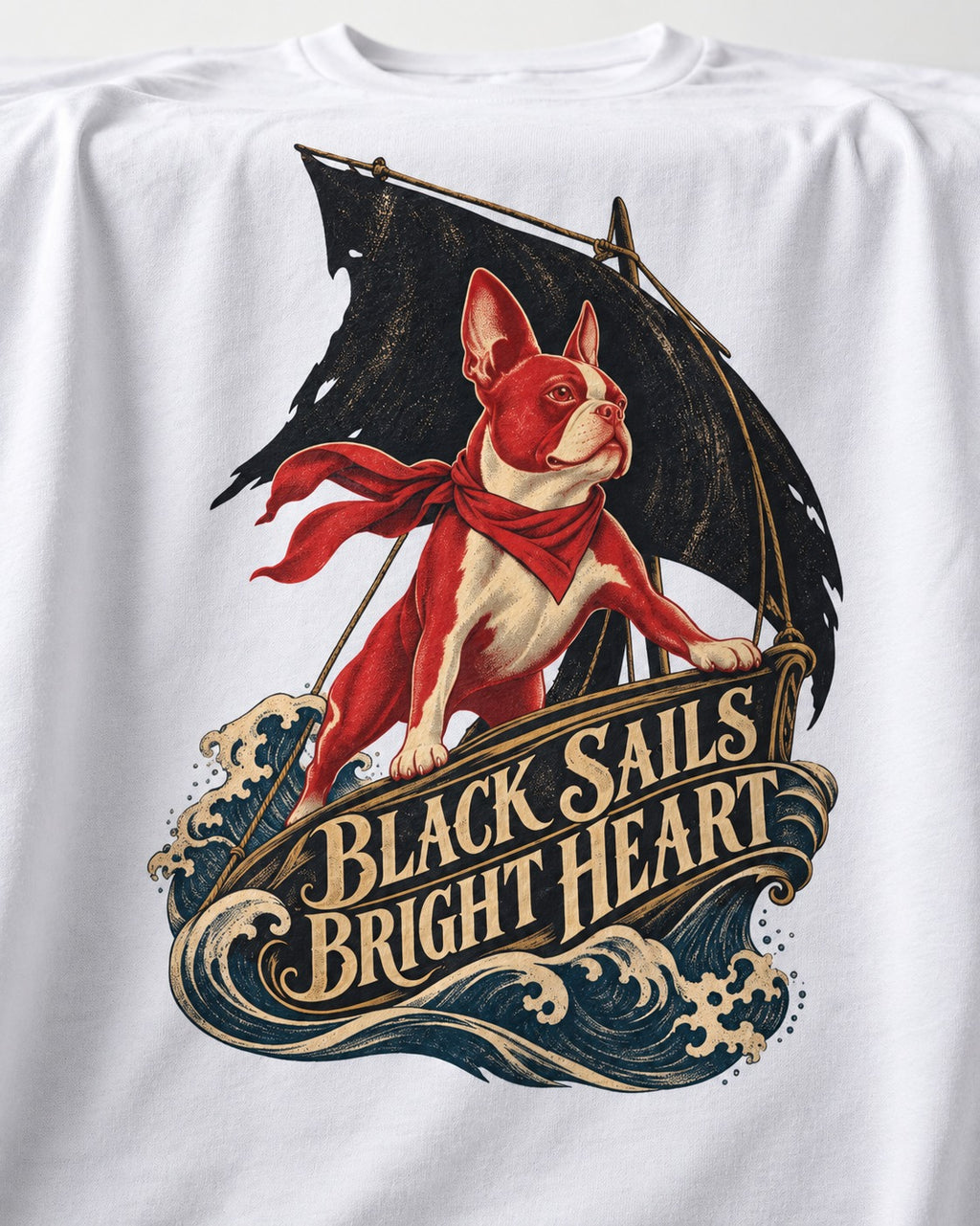 Black Sails Bright Heart Boston Terrier T-Shirt in White, close-up of the graphic