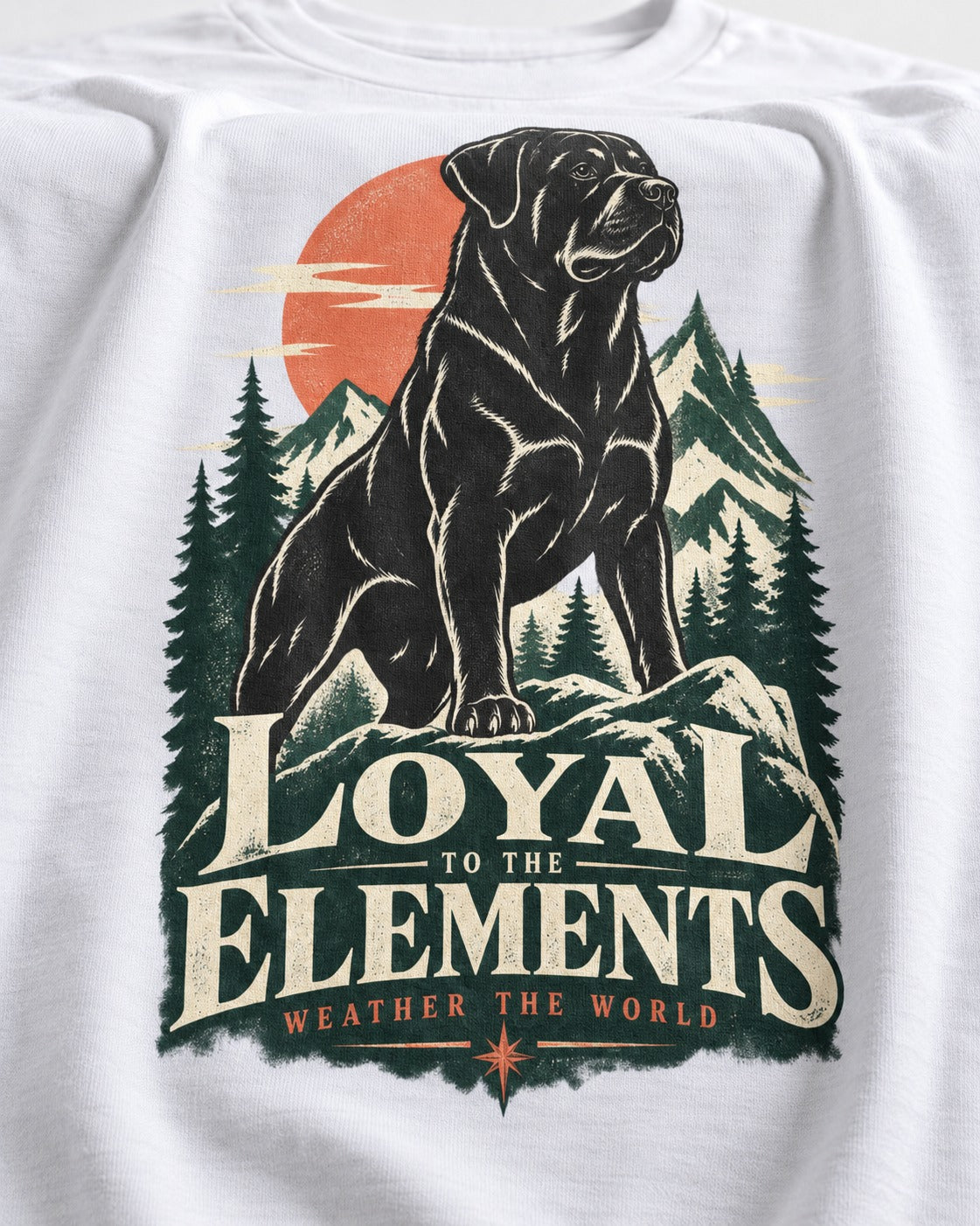 Rottweiler Loyal to the Elements T-Shirt in White, close-up of the graphic