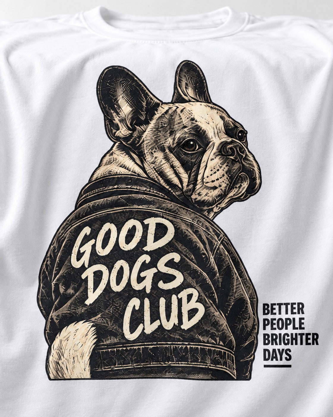 Good Frenchie Club T-Shirt in White, close-up of the graphic