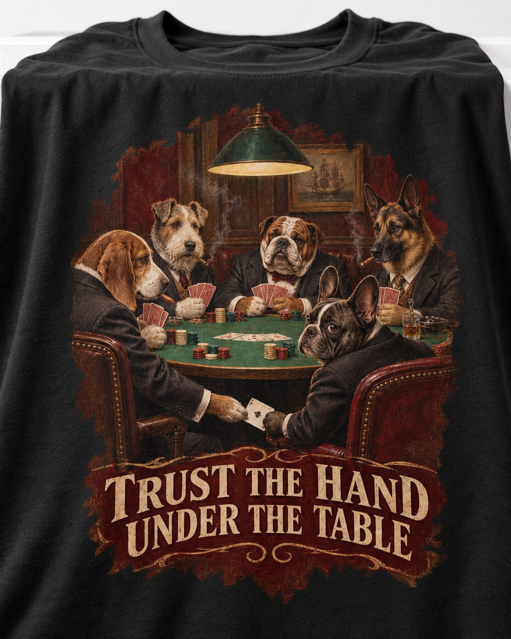 Frenchie Trust the Hand Under the Table Poker Dogs Graphic T-Shirt in Black, close-up of the graphic