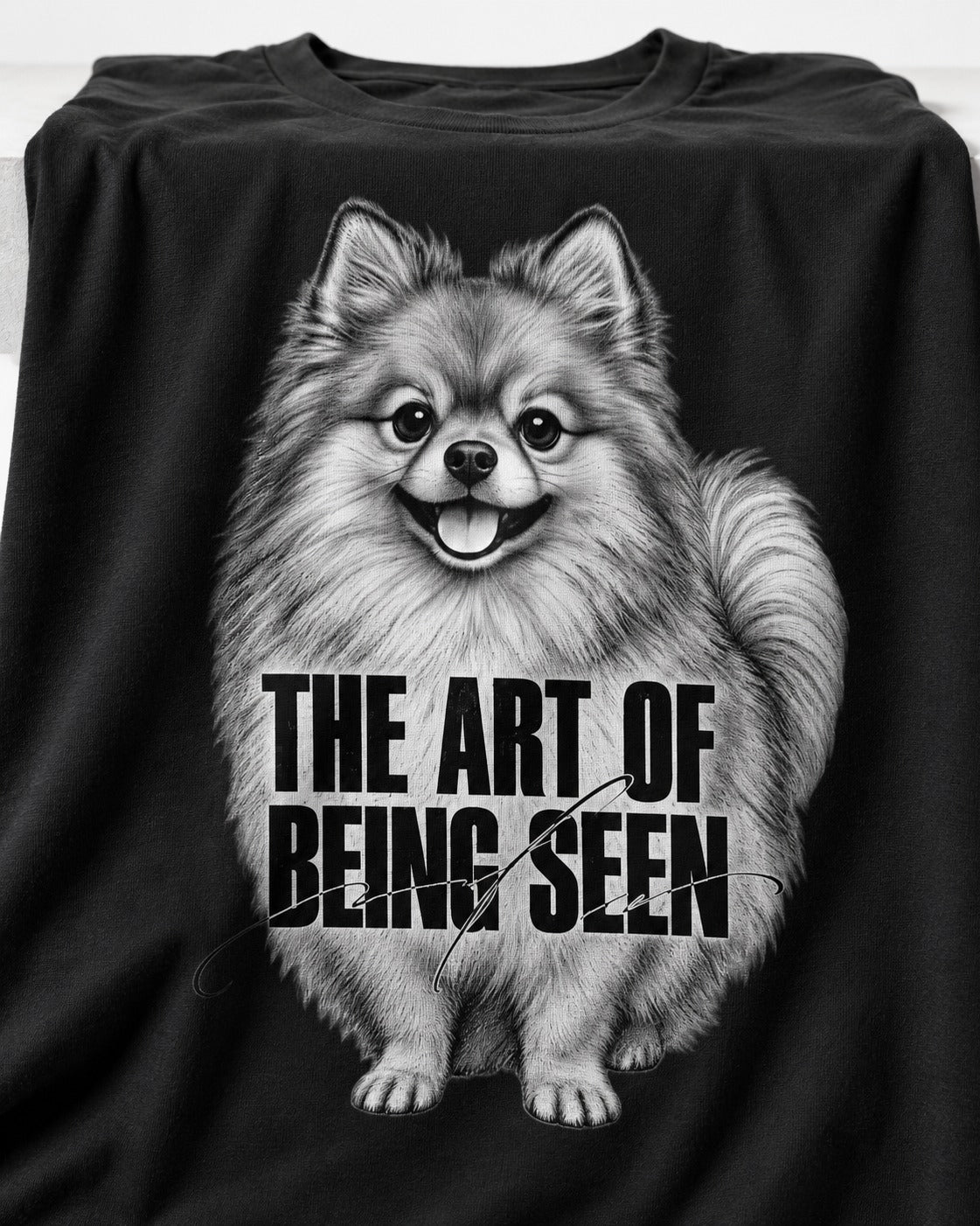 Pomeranian The Art of Being Seen Portrait Graphic T-Shirt in Black, close-up of the graphic