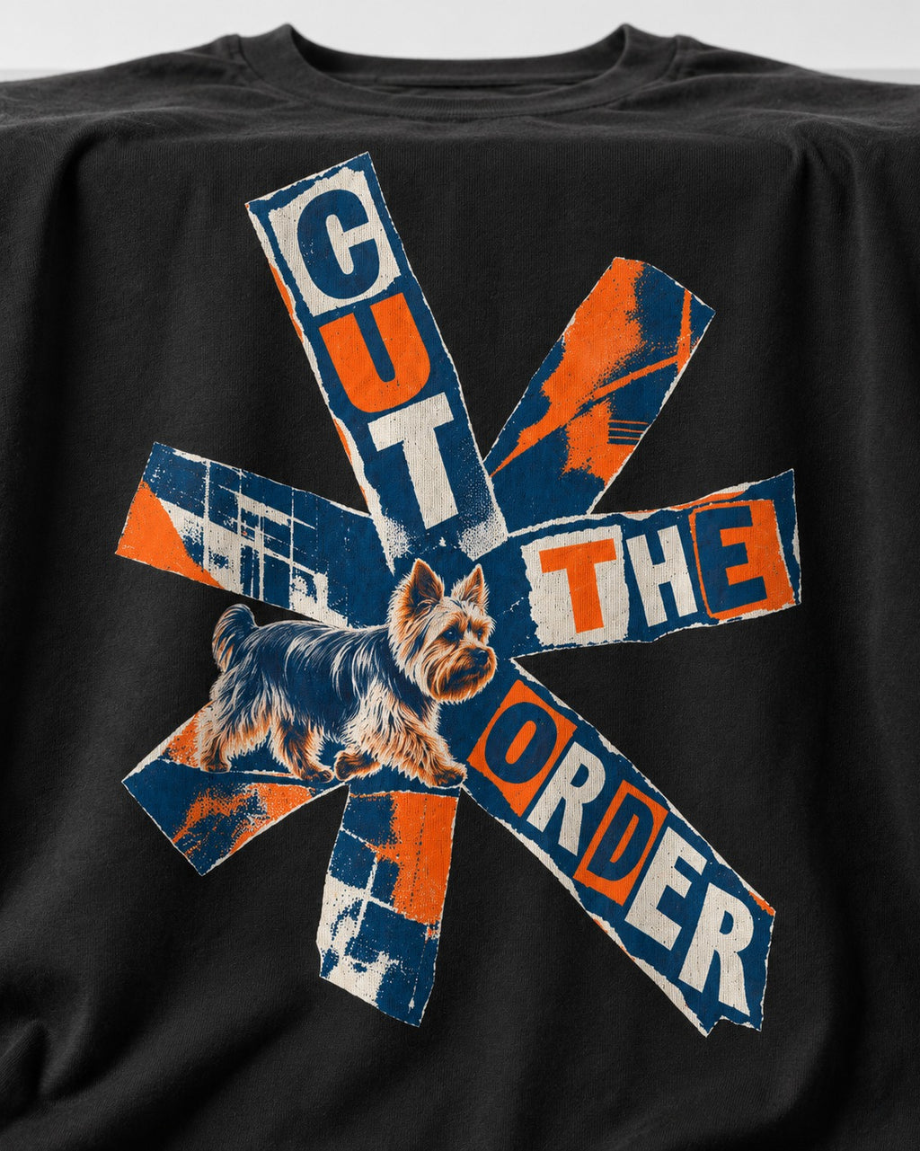 Yorkshire Terrier Cut the Order Radial Collage Graphic T-Shirt in Black, close-up of the graphic