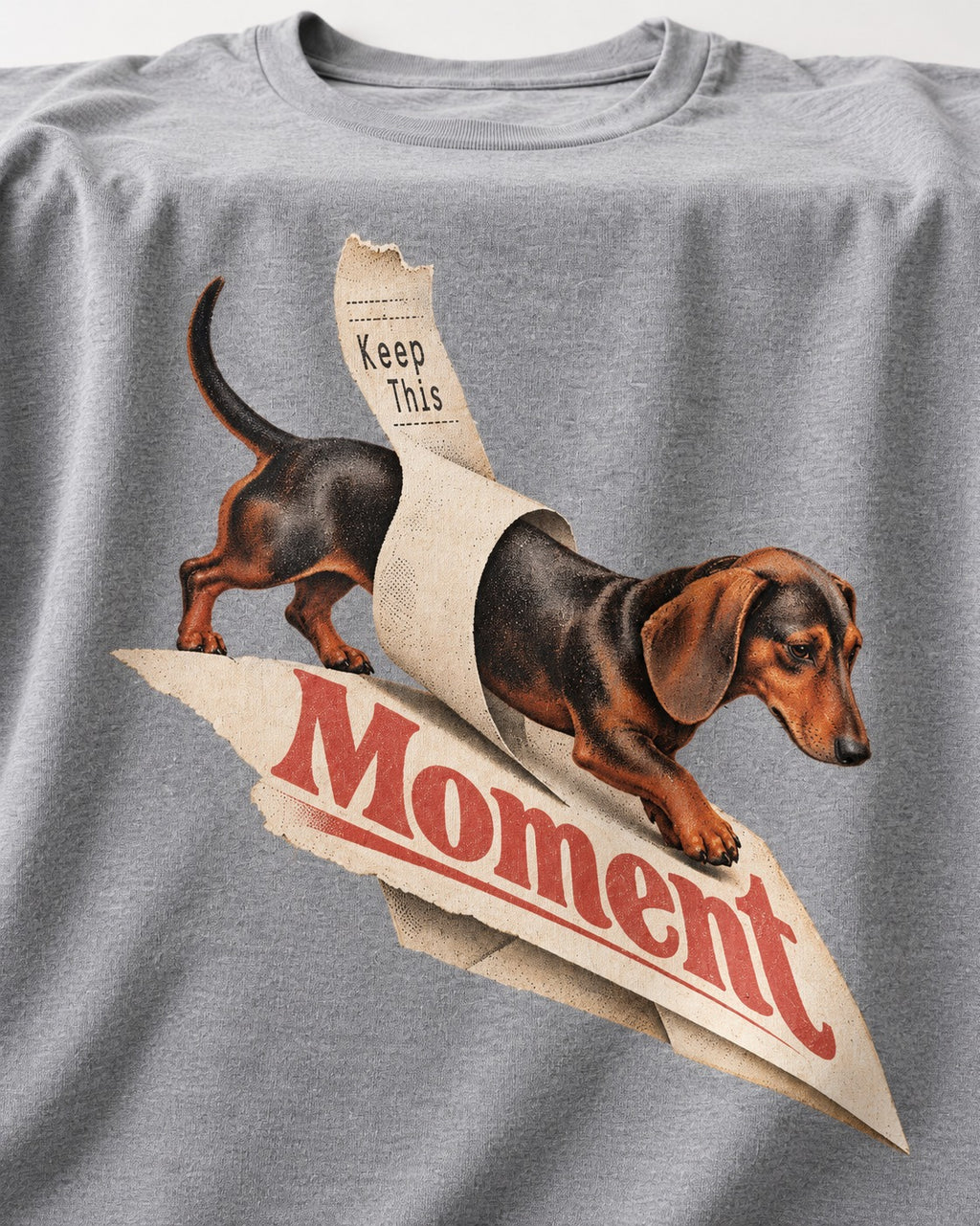 Dachshund Keep This Moment Receipt Graphic T-Shirt in Sport Grey, close-up of the graphic