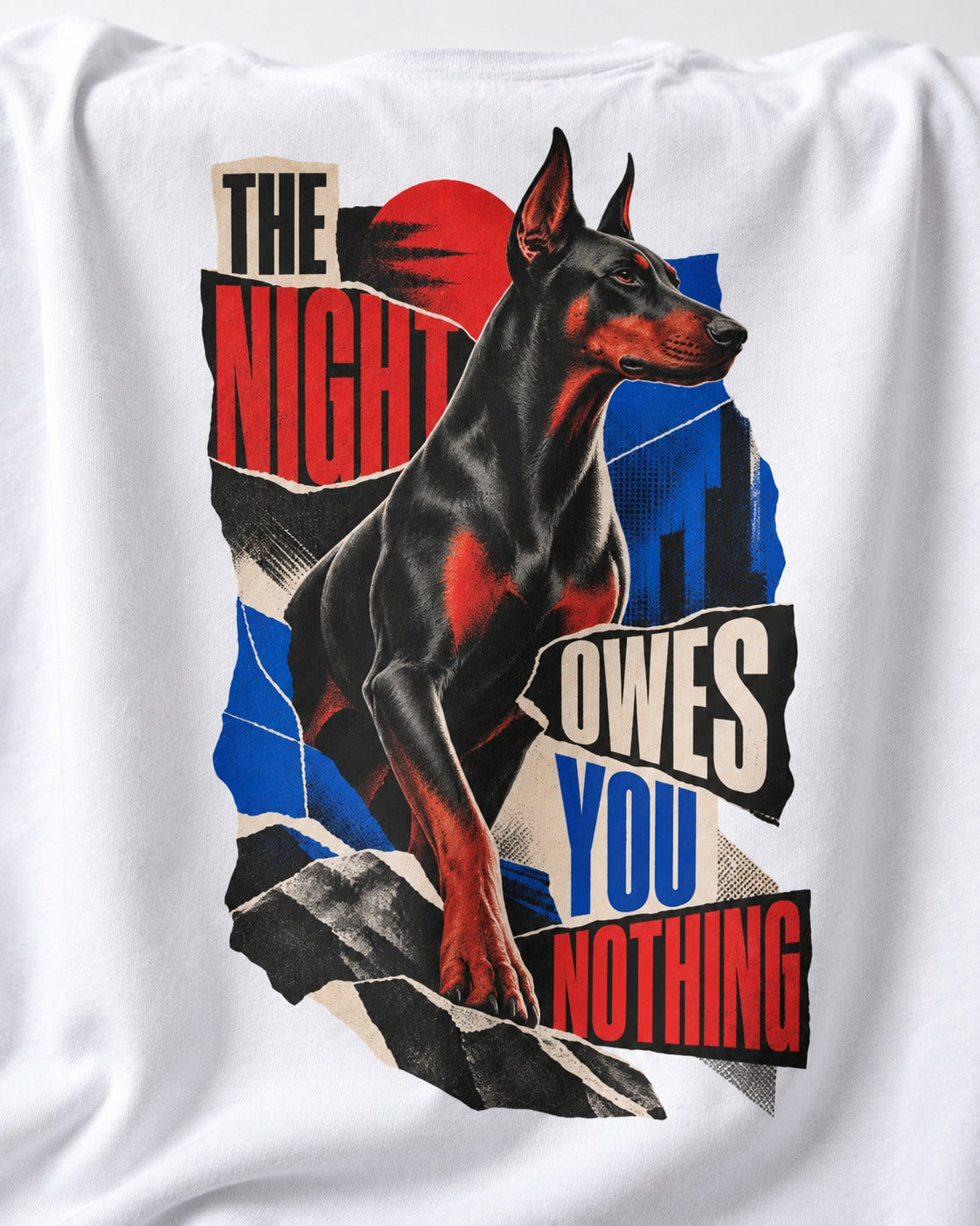 Night Owes You Nothing Doberman T-Shirt in White, close-up of the graphic