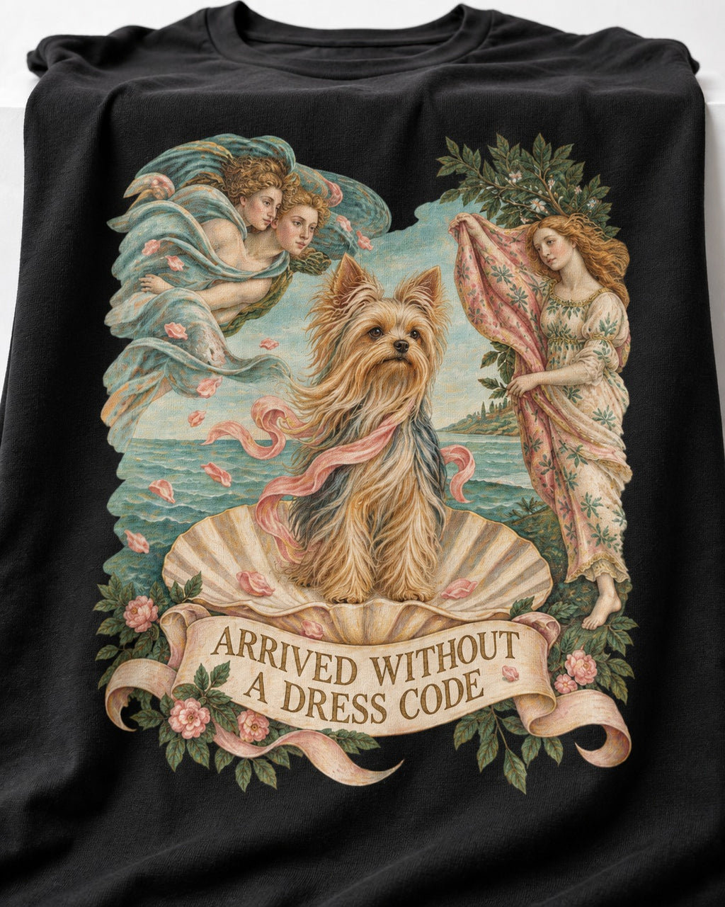 Yorkshire Terrier Arrived Without a Dress Code Venus Graphic T-Shirt in Black, close-up of the graphic