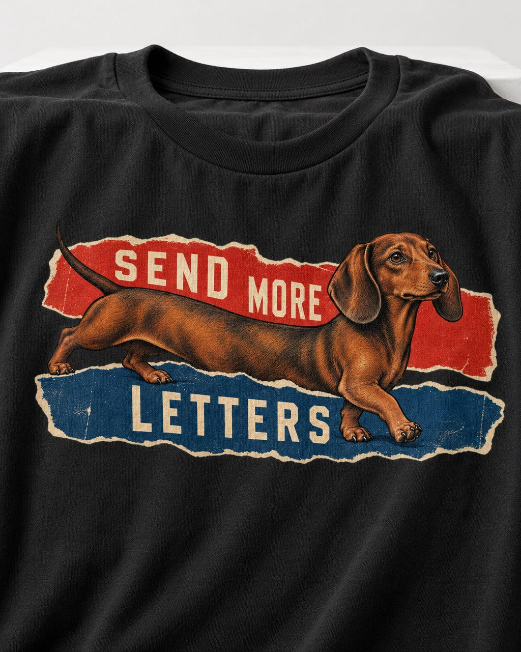Dachshund Send More Letters Torn Paper Graphic T-Shirt in Black, close-up of the graphic