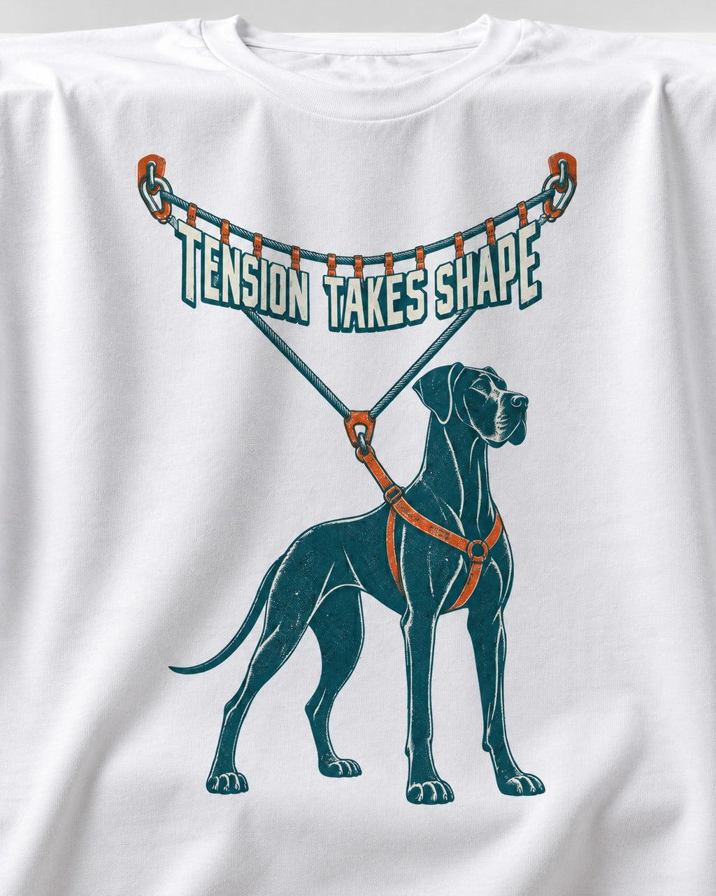 Great Dane Tension Takes Shape T-Shirt in White, close-up of the graphic