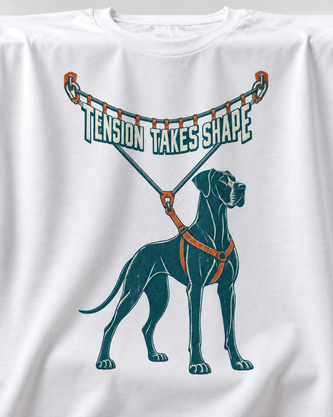 Great Dane Tension Takes Shape T-Shirt in White, close-up of the graphic