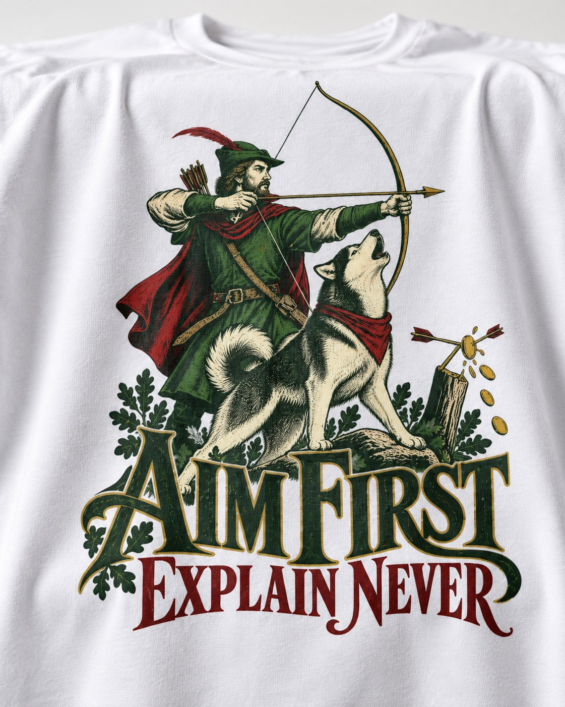 Husky Aim First Explain Never T-Shirt in White, close-up of the graphic