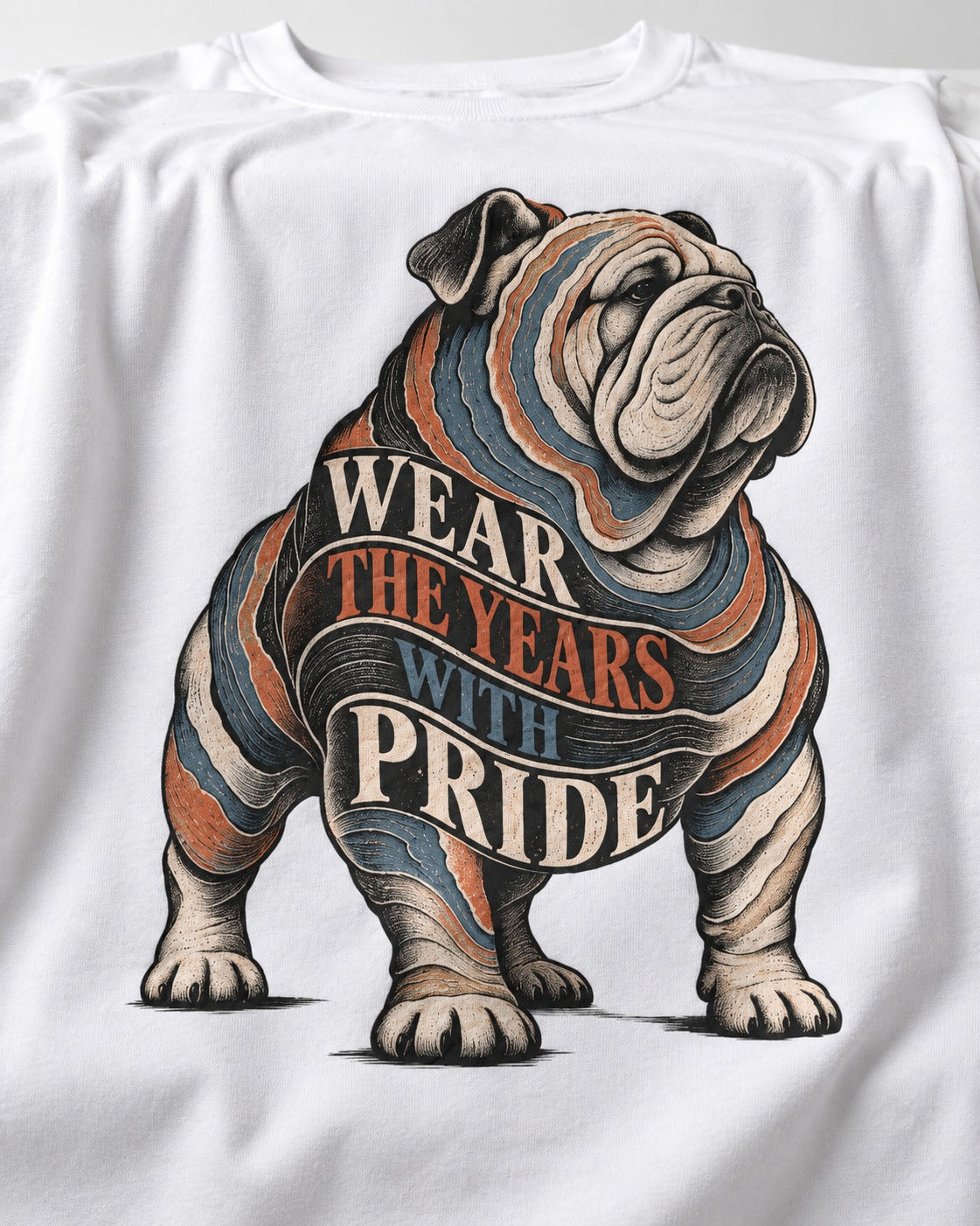 English Bulldog Wear the Years T-Shirt in White, close-up of the graphic