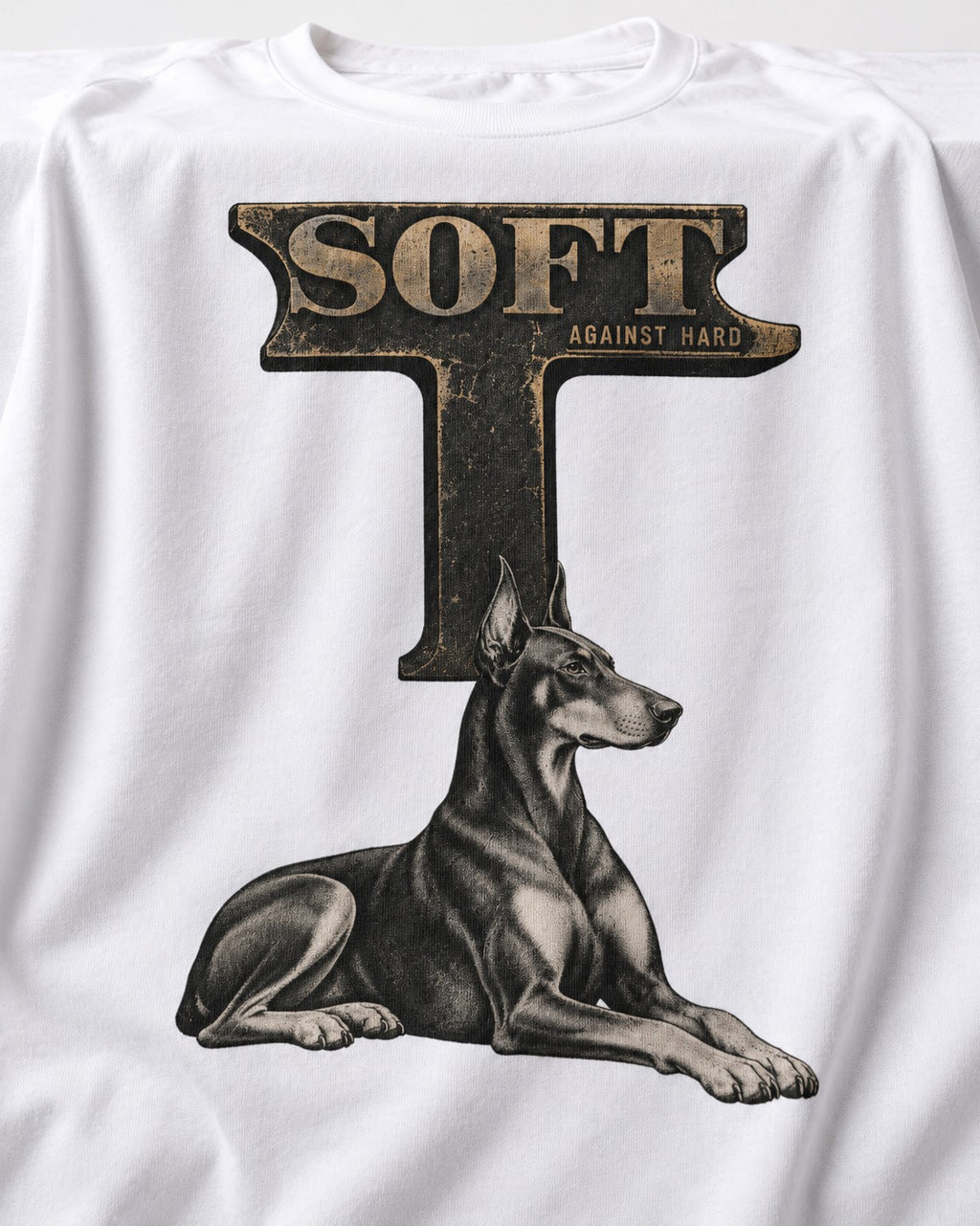 Soft Against Hard Doberman T-Shirt in White, close-up of the graphic