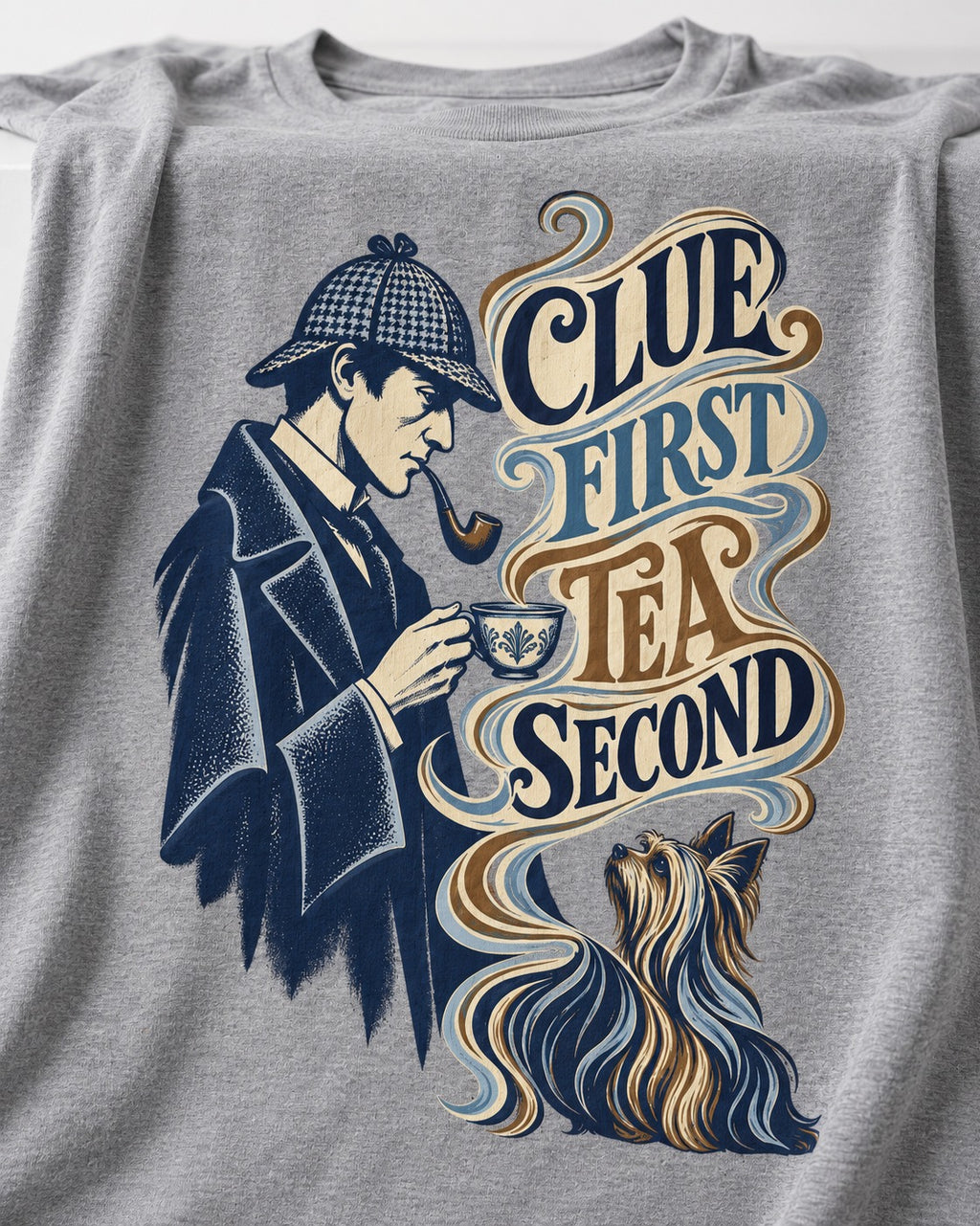 Yorkshire Terrier Clue First Tea Second Detective Graphic T-Shirt in Sport Grey, close-up of the graphic