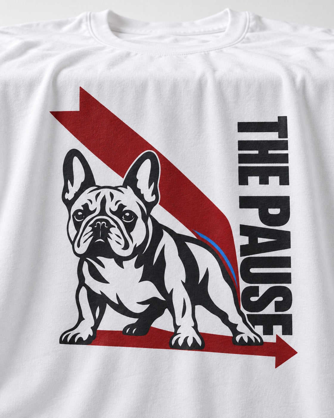 The Frenchie Pause T-Shirt in White, close-up of the graphic
