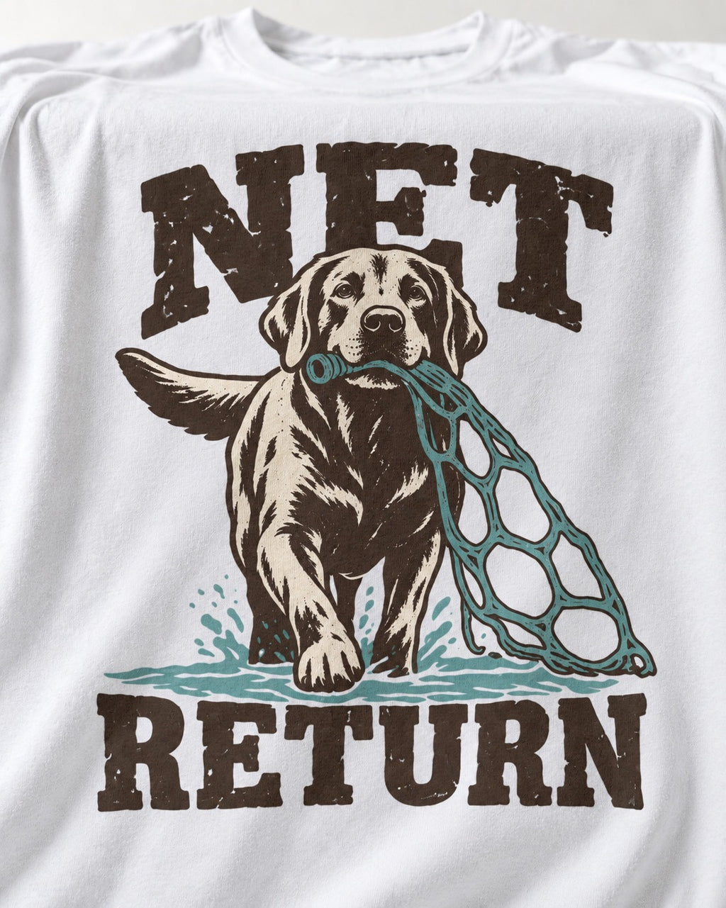 Net Return Labrador Retriever T-Shirt in White, close-up of the graphic