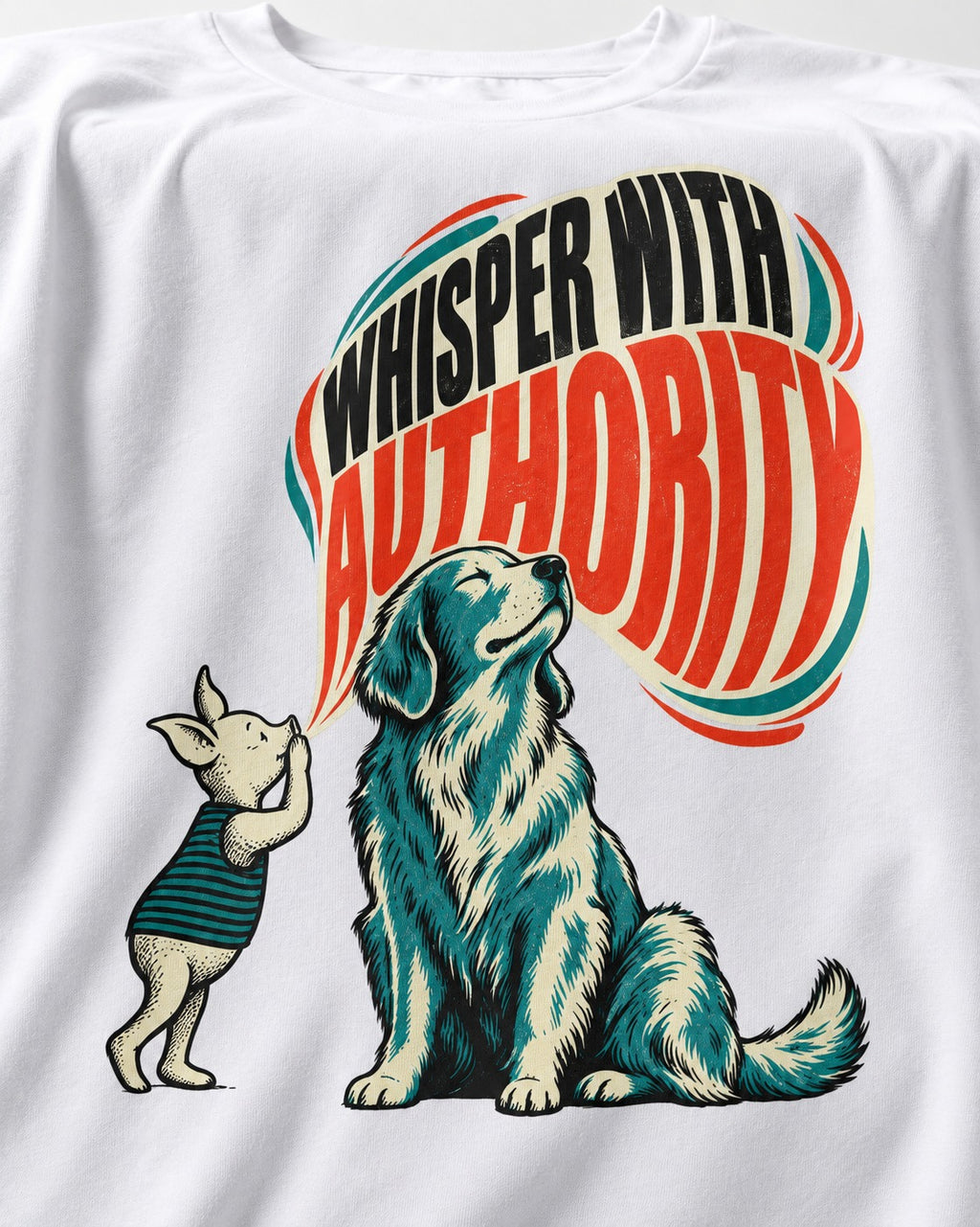 Golden Retriever Whisper with Authority T-Shirt in White, close-up of the graphic