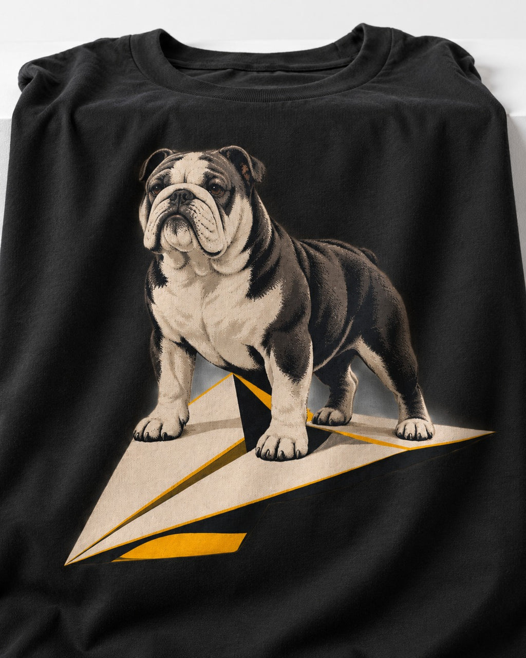 English Bulldog Paper Airplane Graphic T-Shirt in Black, close-up of the graphic
