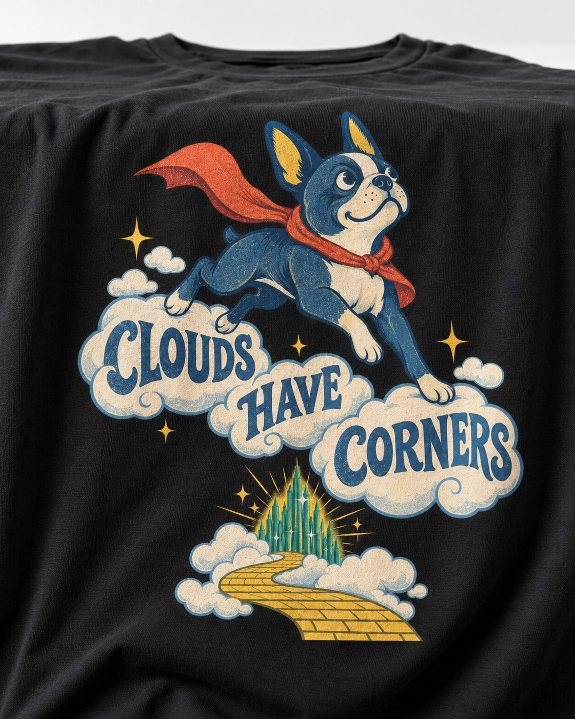 Clouds Have Corners Boston Terrier T-Shirt in Black, close-up of the graphic