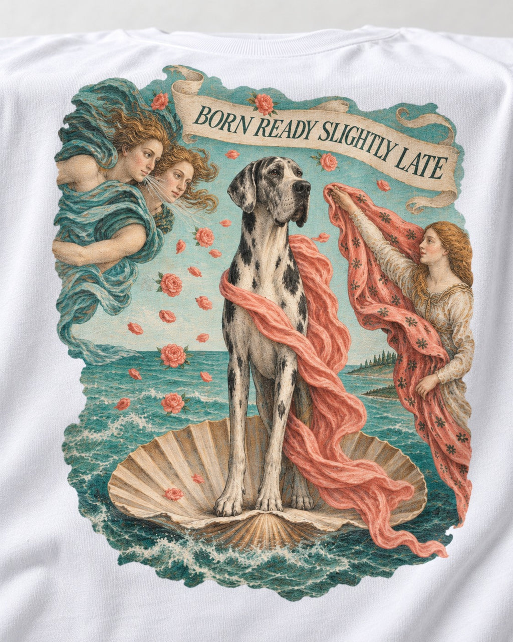 Great Dane Born Ready Slightly Late T-Shirt in White, close-up of the graphic