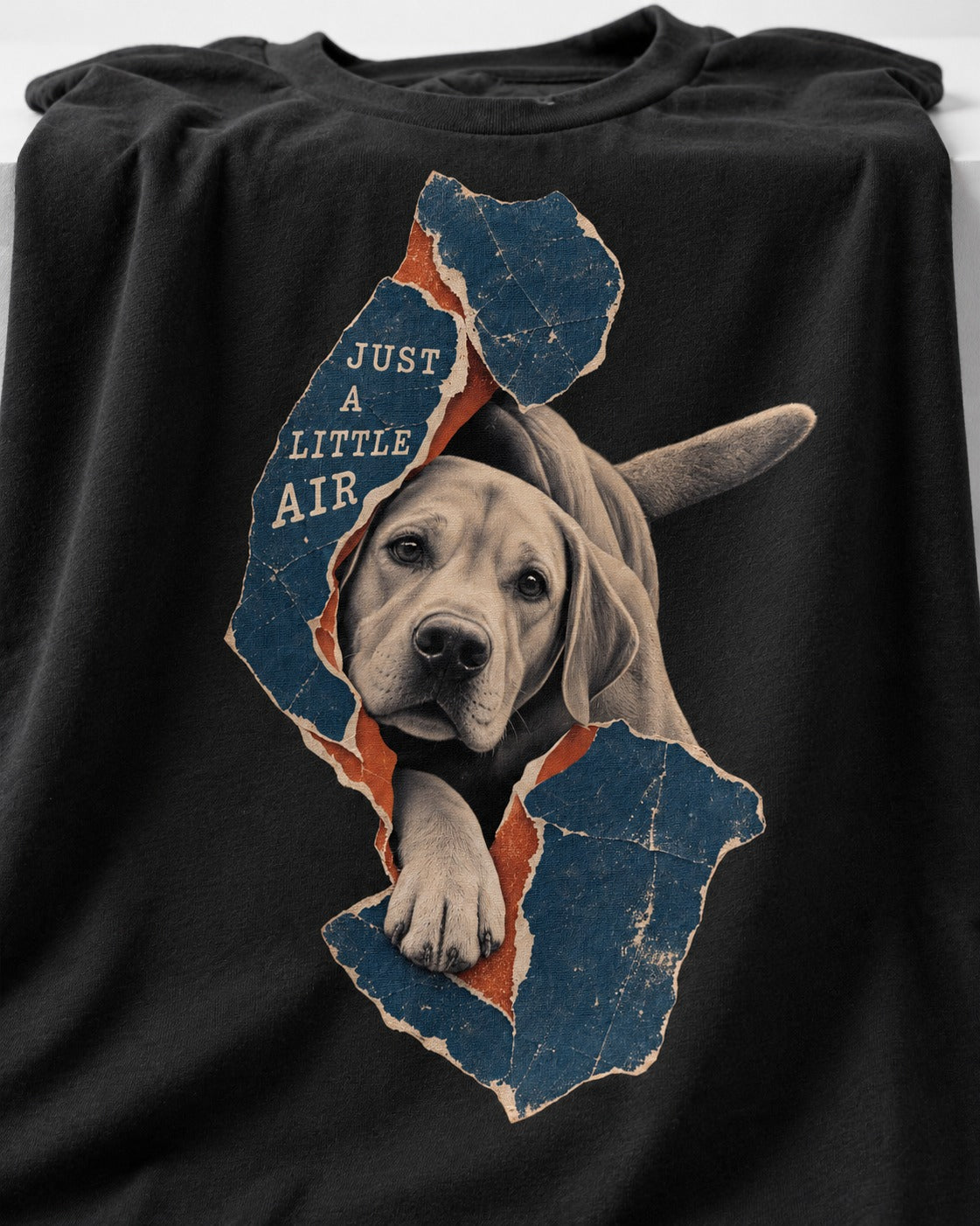 Labrador Retriever Just a Little Air Torn Paper Graphic T-Shirt in Black, close-up of the graphic