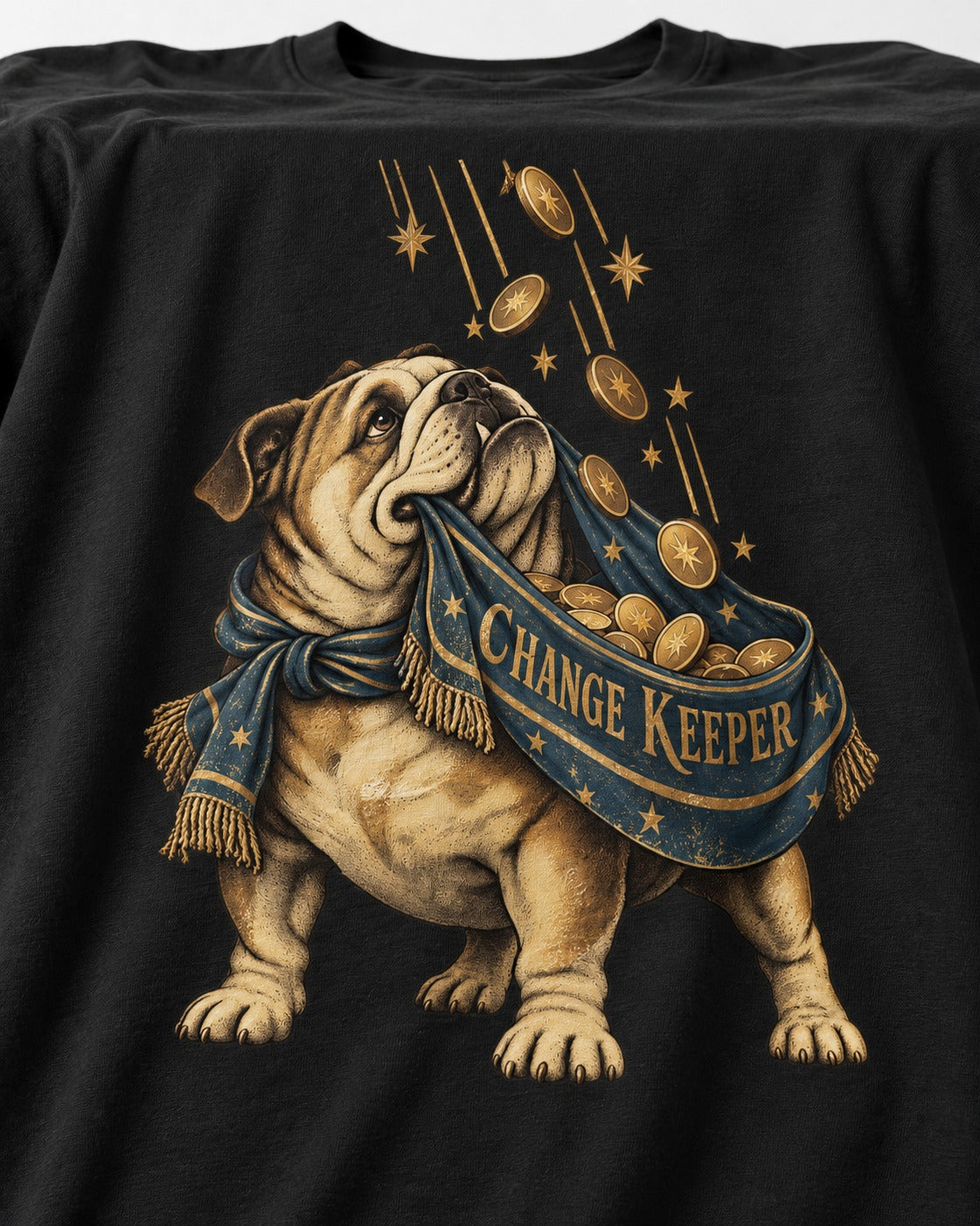 English Bulldog Change Keeper Coin Scarf Graphic T-Shirt in Black, close-up of the graphic