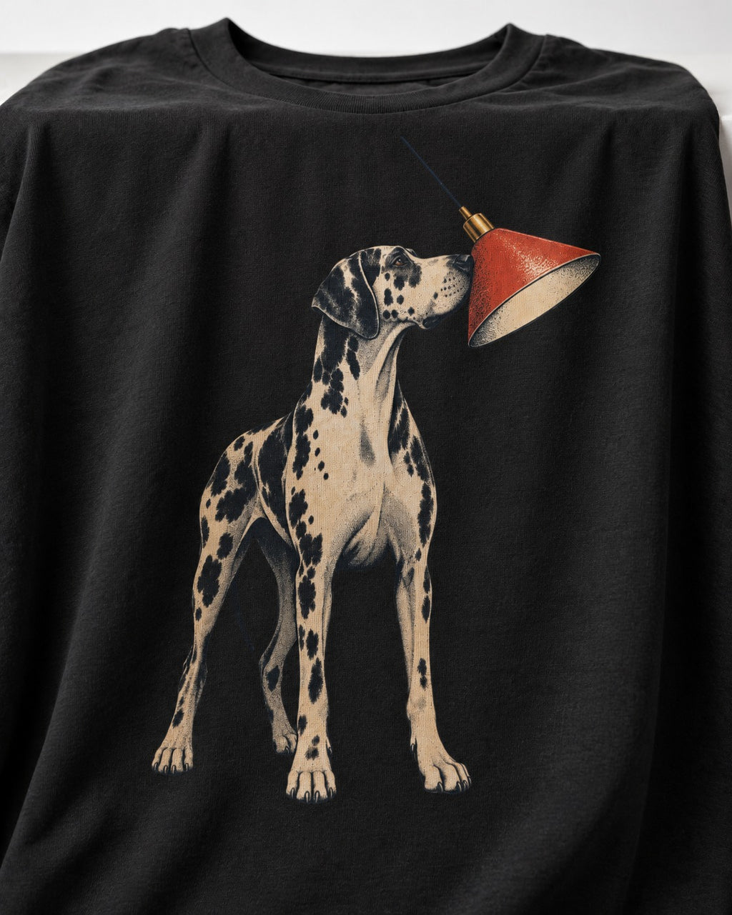 Great Dane Inspecting Hanging Lamp Graphic T-Shirt in Black, close-up of the graphic