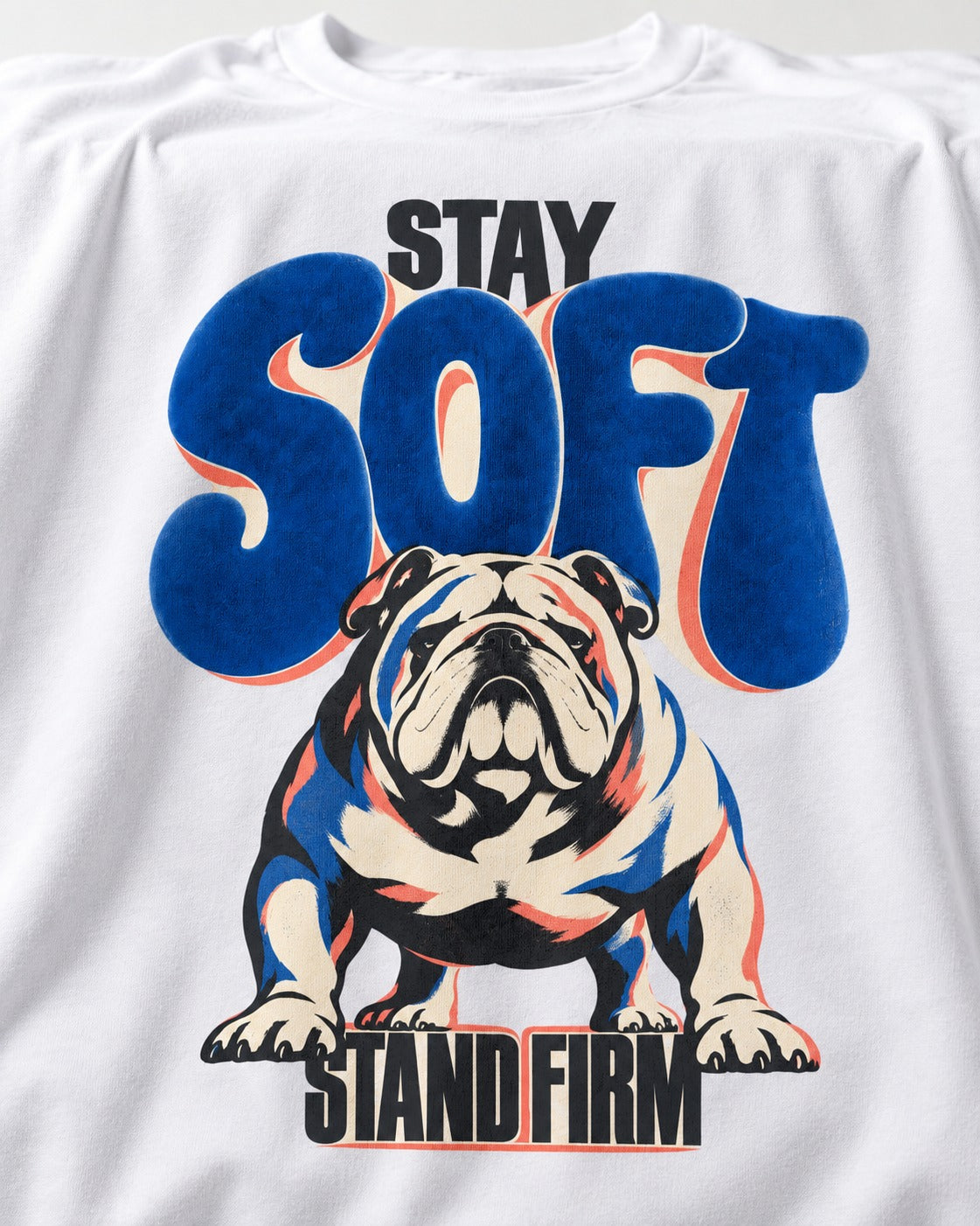 Stay Soft Stand Firm English Bulldog T-Shirt in White, close-up of the graphic