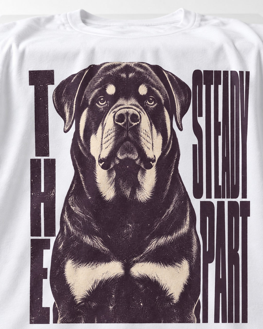 Rottweiler The Steady Part T-Shirt in White, close-up of the graphic