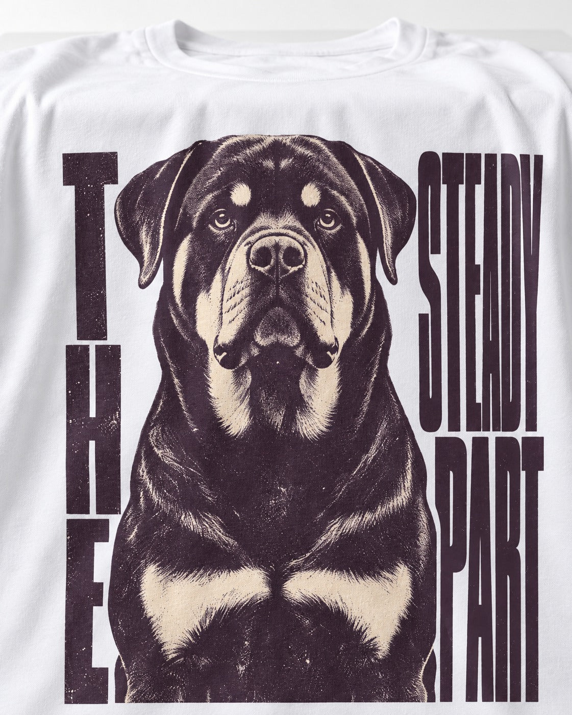 Rottweiler The Steady Part T-Shirt in White, close-up of the graphic
