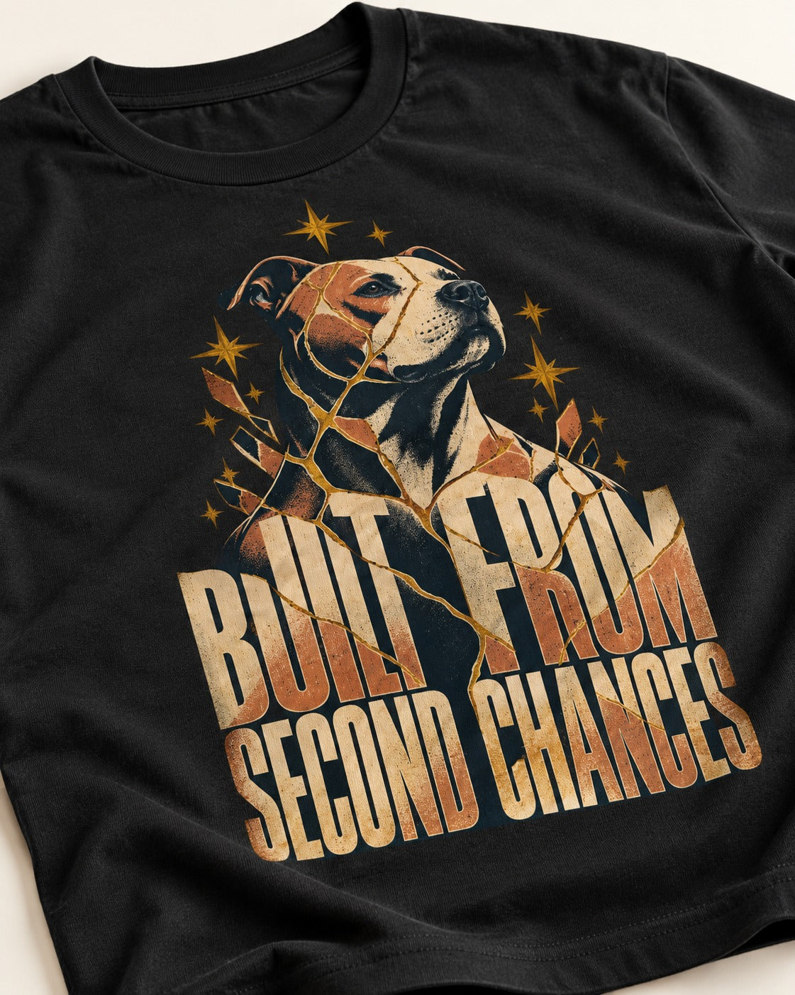 Pitbull Built from Second Chances Kintsugi Graphic T-Shirt in Black, close-up of the graphic