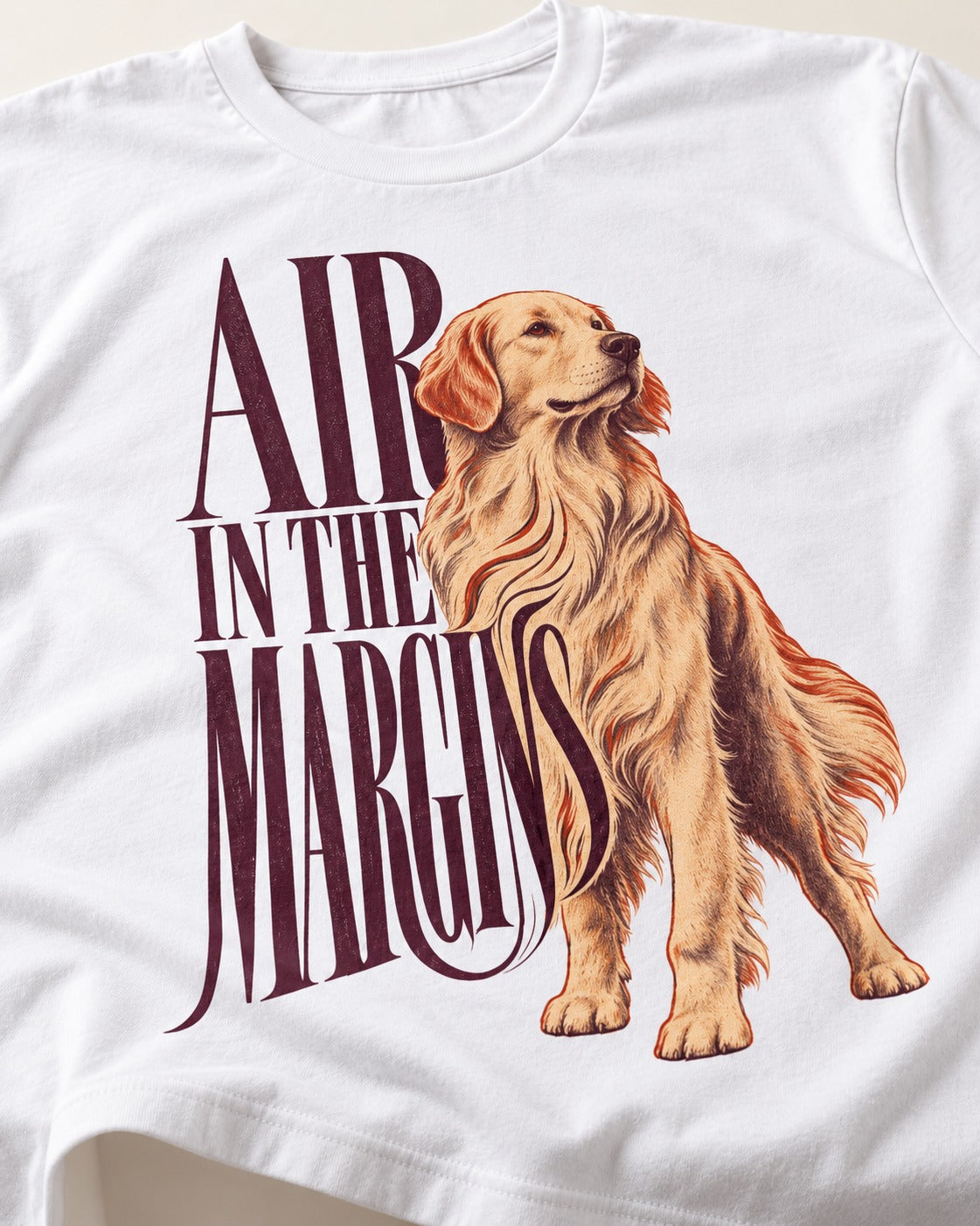 Golden Retriever In the Margins T-Shirt in White, close-up of the graphic