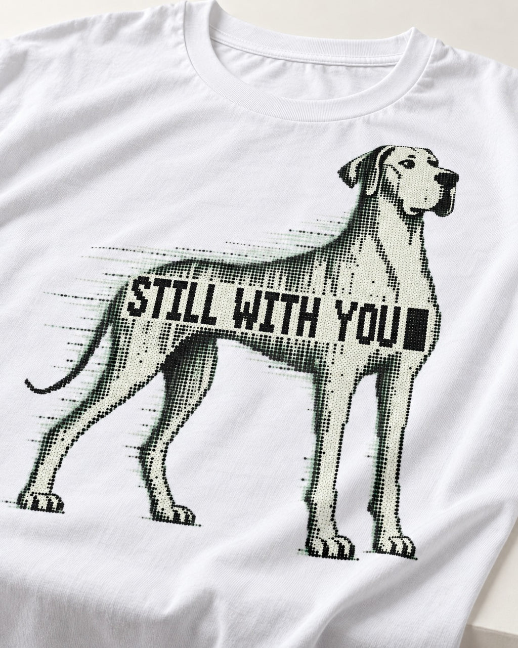 Still with You Great Dane T-Shirt in White, close-up of the graphic
