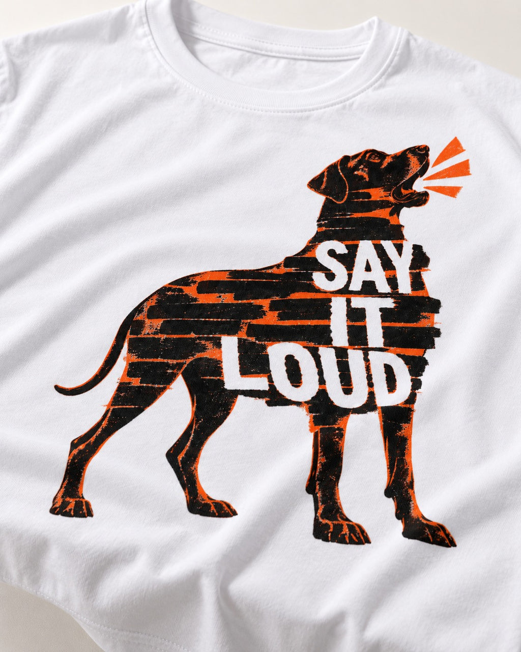 Great Dane Say It Loud T-Shirt in White, close-up of the graphic