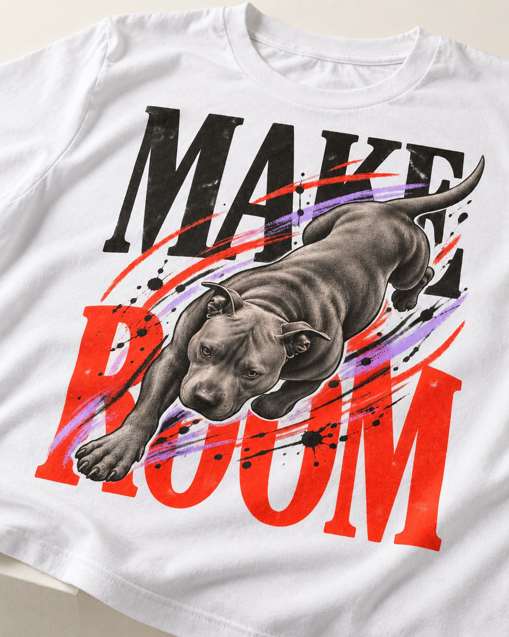 Make Room for Pitbull T-Shirt in White, close-up of the graphic