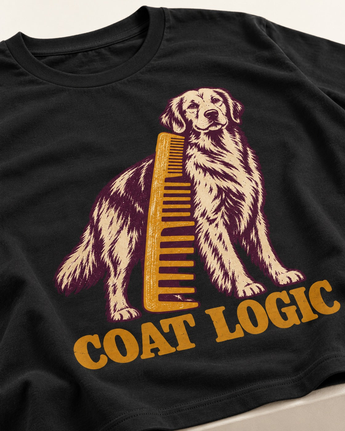 Golden Retriever Coat Logic Grooming Gauge Graphic T-Shirt in Black, close-up of the graphic