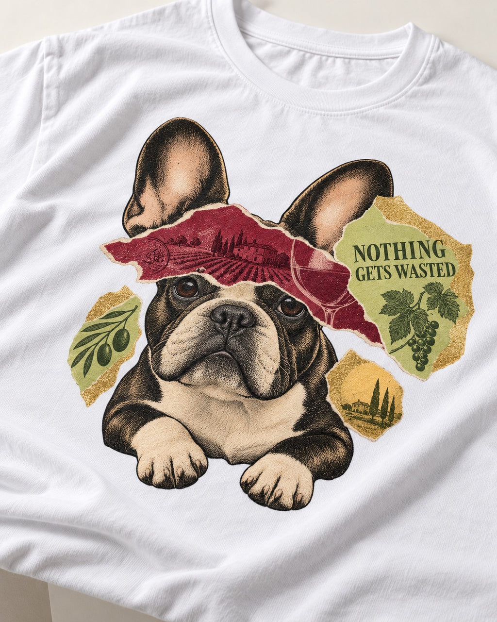 Nothing Gets Wasted with Frenchie T-Shirt in White, close-up of the graphic