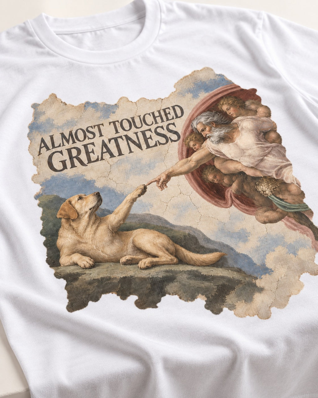 Labrador Retriever Almost Touched Greatness T-Shirt in White, close-up of the graphic