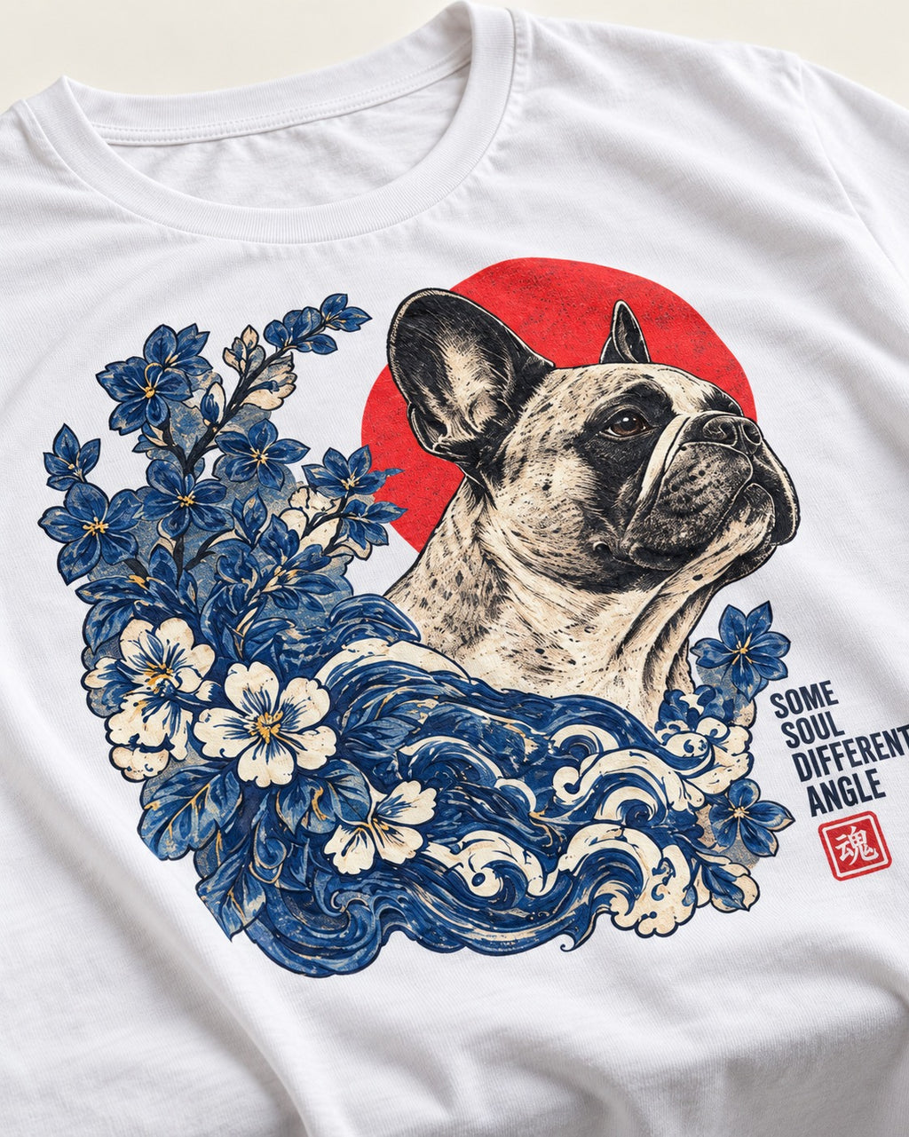 Some Soul Different Angle Frenchie T-Shirt in White, close-up of the graphic