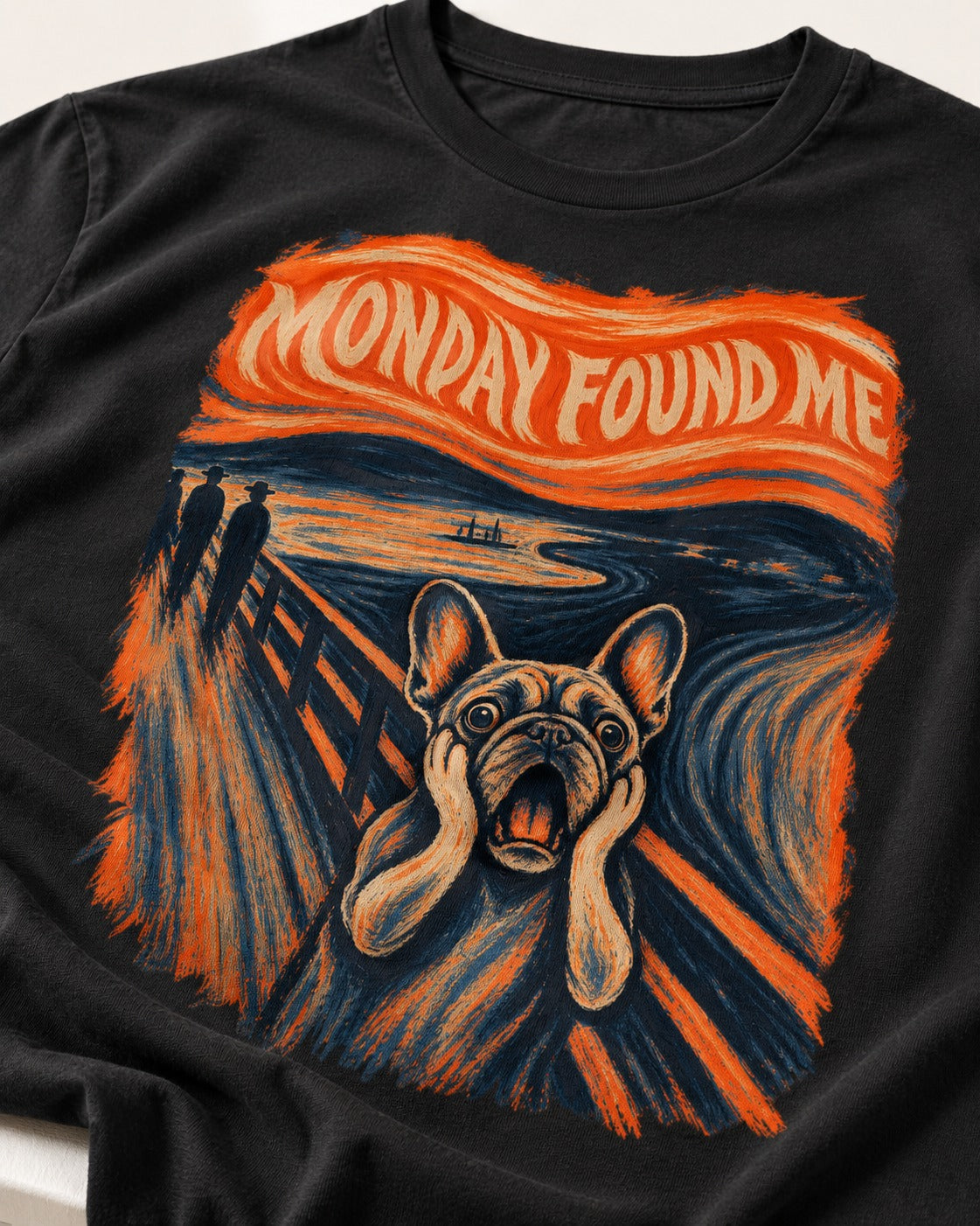 Frenchie Monday Found Me Scream Graphic 194 T-Shirt in Black, close-up of the graphic