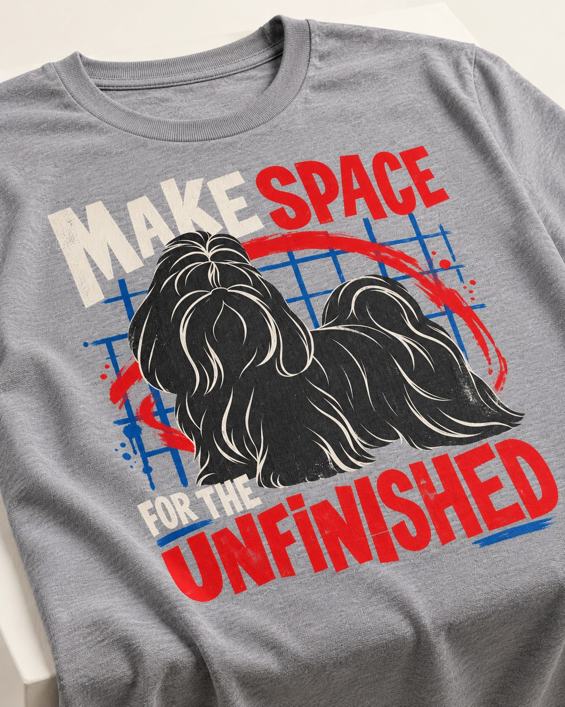 Shih Tzu Make Space for the Unfinished Abstract Circle Graphic T-Shirt in Sport Grey, close-up of the graphic