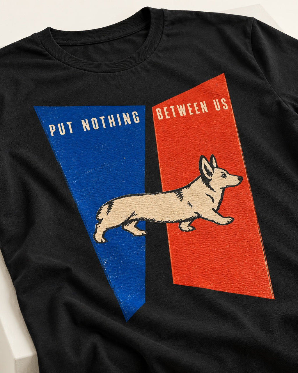 Corgi Put Nothing Between Us Split Panels T-Shirt in Black, close-up of the graphic