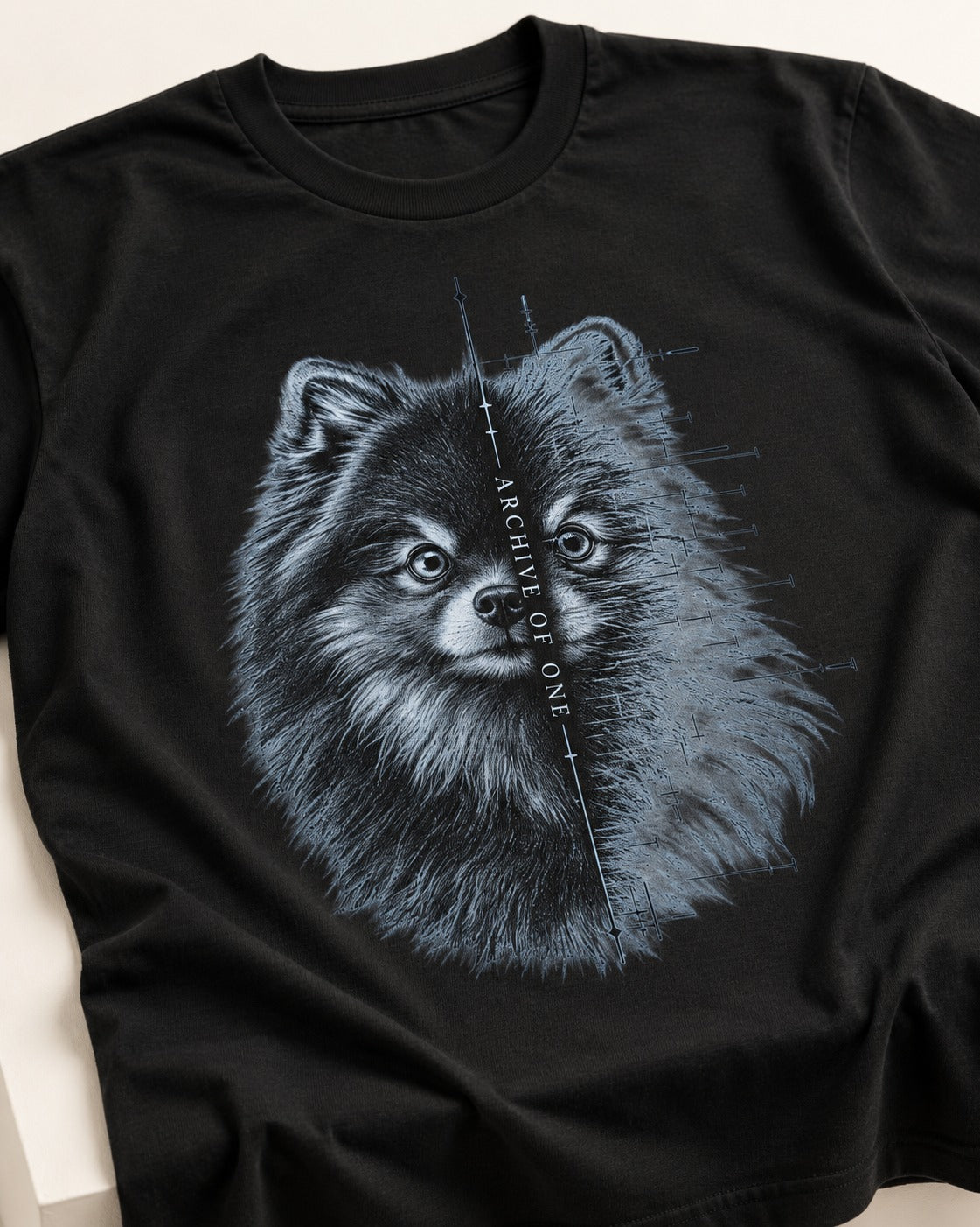Pomeranian Archive of One Split Portrait Graphic T-Shirt in Black, close-up of the graphic