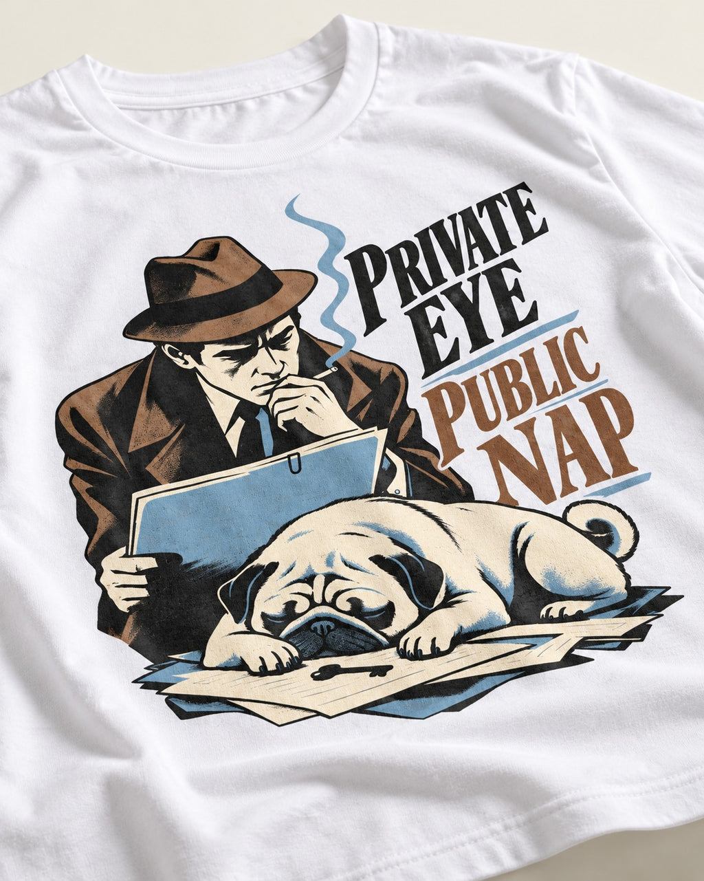 Pug Private Eye Public Nap T-Shirt in White, close-up of the graphic