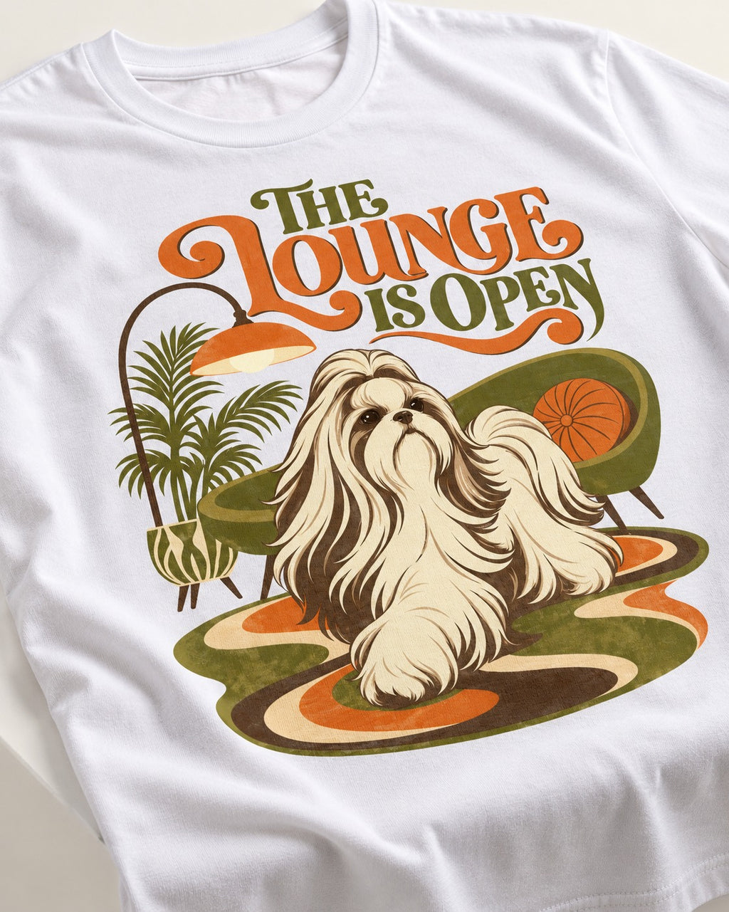 The Shih Tzu Lounge Is Open T-Shirt in White, close-up of the graphic