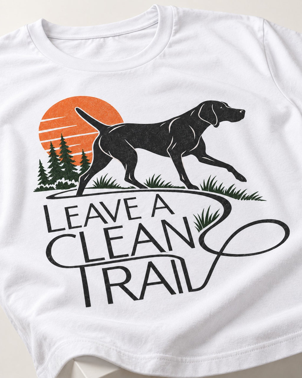 Leave a Clean Trail German Shorthaired Pointer T-Shirt in White, close-up of the graphic