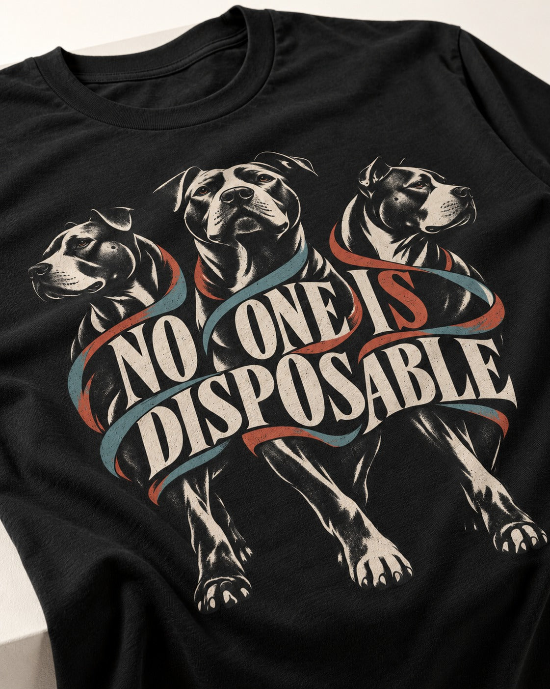 Pitbull No One Is Disposable Three Dogs Graphic T-Shirt in Black, close-up of the graphic