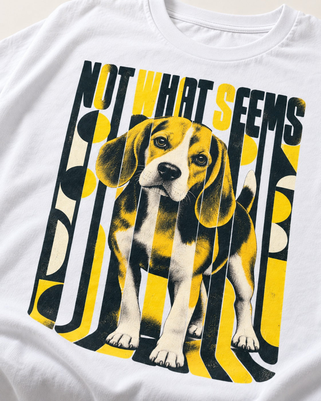 Not What It Seems Beagle T-Shirt in White, close-up of the graphic