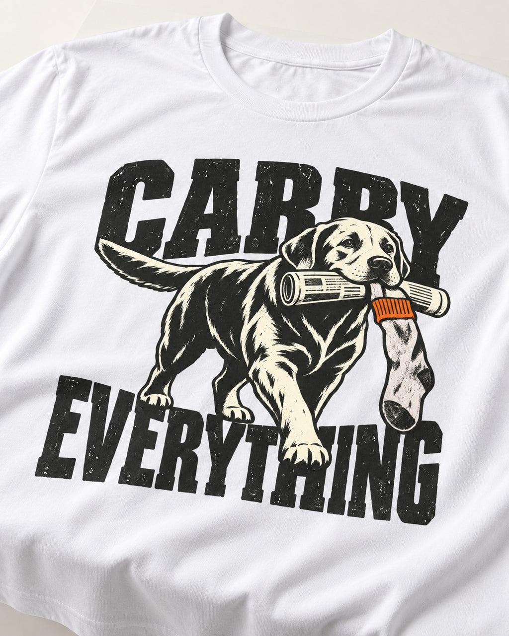 Carry Everything Labrador Retriever T-Shirt in White, close-up of the graphic